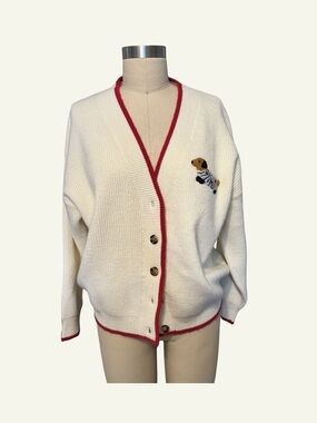 Anthropology Cream V-Neck Cardigan with Red Trim and Dog Embroidery